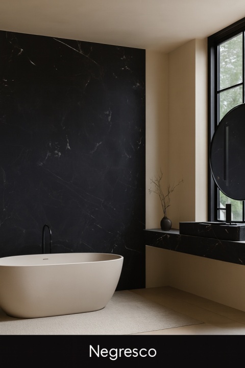 kamienia Negresco: czarny marmur z białymi żyłkami, jasne otoczenie, elegancki kontrast.