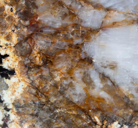 Patagonia Crystal – pełny slab w świetle dziennym, jasna krystaliczna struktura ze złotymi żyłami.