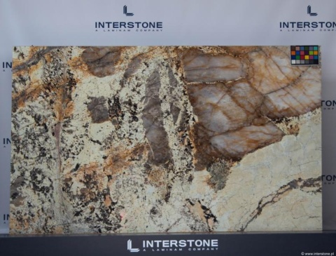 Patagonia Crystal – detal powierzchni, złote i białe struktury kwarcu.