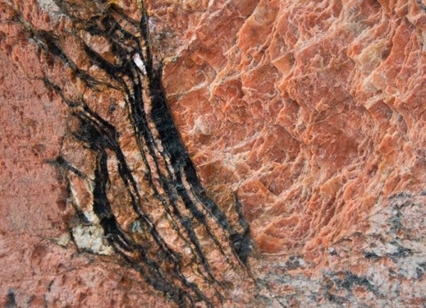 Zbliżenie struktury Patagonia Fantastique z czarnymi żyłami i krystalicznym różowym kwarcem.