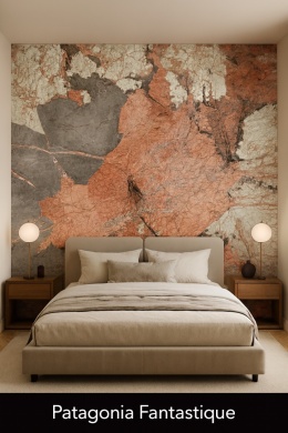 Wizualizacja sypialni z kwarcytem Patagonia Fantastique: wyrazista ściana akcentowa, ciepłe wnętrze, naturalne materiały.