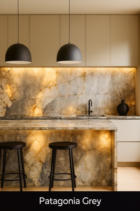 Wizualizacja kuchni z kwarcytem Patagonia Grey: podświetlony kamień na wyspie i ścianie, szlachetna szarość, eleganckie wnętrze.