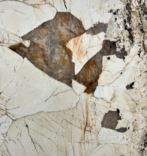 Zbliżenie Patagonia Light — jasne kwarce i złociste żyły na polerowanej powierzchni.