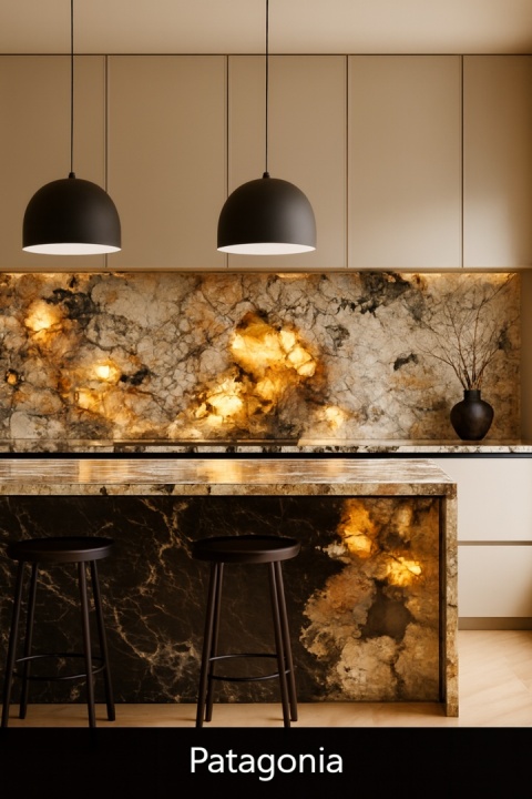 Wizualizacja kuchni z kwarcytem Patagonia: podświetlony kamień na wyspie i ścianie, jasne wnętrze, elegancki kontrast.