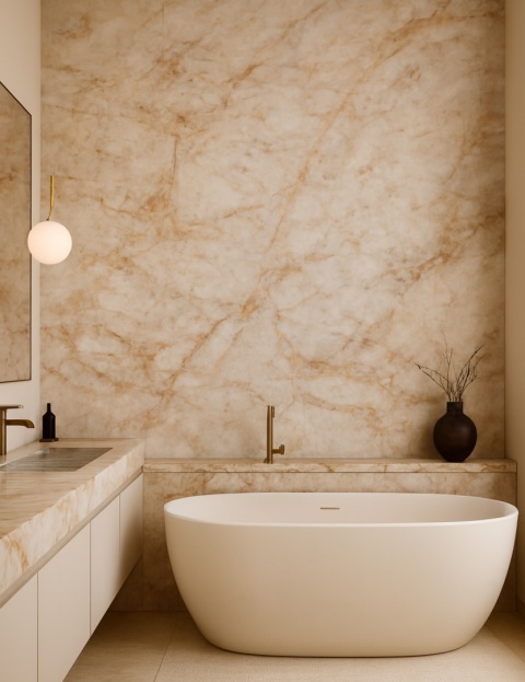Wizualizacja łazienki z kwarcytem Sierra: jasna ściana i blat z beżowym żyłkowaniem, eleganckie, naturalne wnętrze.