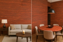 Salon glamour z aksamitną sofą, ścianą z kwarcytu Terracotta, złotą lampą i kryształowym żyrandolem