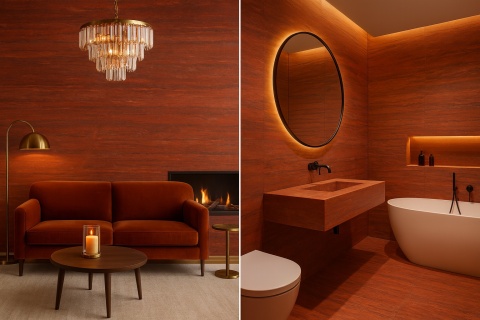 Łazienka z płytami Terracotta na ścianach i podłodze, umywalka zintegrowana z blatem, wanna wolnostojąca.