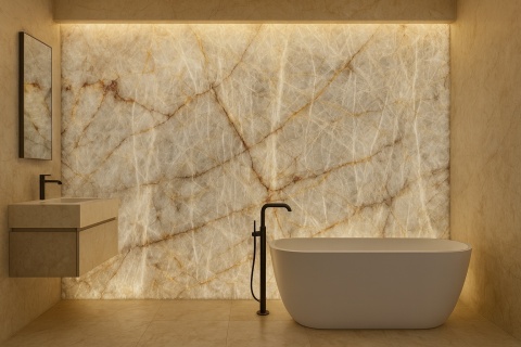 Łazienka z podświetloną płytą kwarcytu White Crystal — elegancka, ciepła przestrzeń z wanną wolnostojącą