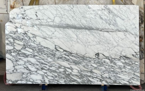 Płyta marmuru Arabescato poler, biało-szare tło z wyrazistym żyłkowaniem i owalnymi plamami, widok frontu.