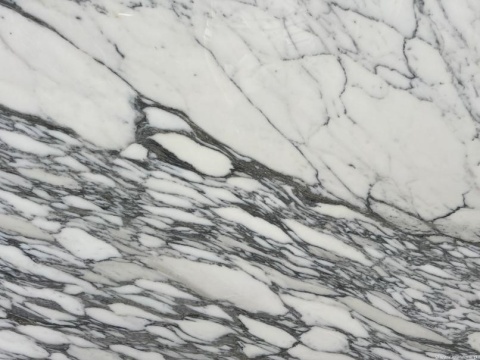 Zbliżenie powierzchni marmuru Arabescato poler, biało-szare tło z mocnym, dynamicznym żyłkowaniem