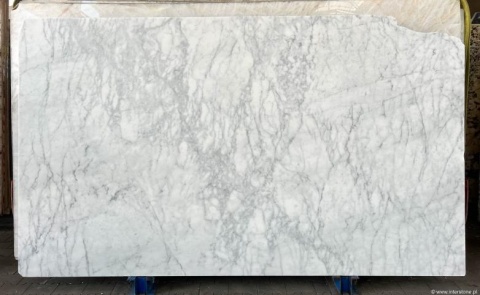 Płyta marmuru Bianco Carrara C szlif, jasne tło z wyraźniejszym, pionowym szarym użyleniem.