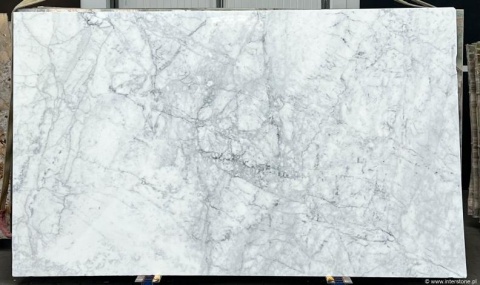Płyta marmuru Bianco Carrara C, jasna tafla z delikatnym szarym żyłkowaniem, widok całości.