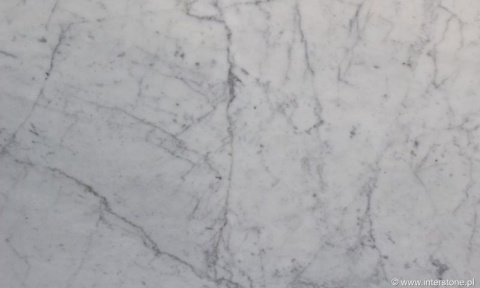 Zbliżenie marmuru Bianco Carrara, delikatne, drobne żyłki na prawie jednolicie białym tle