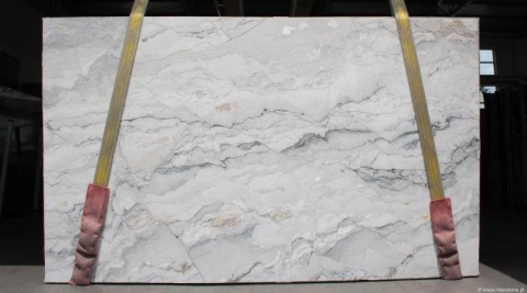 Płyta marmuru Breccia Lunare, szare tło z nieregularnymi falistymi żyłkami i beżowymi akcentami, widok całej tafli