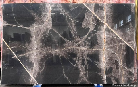 Płyta marmuru Bronze Fantasy poler, ciemne tło z efektownymi złotymi i jasnymi żyłkami, widok całej tafli