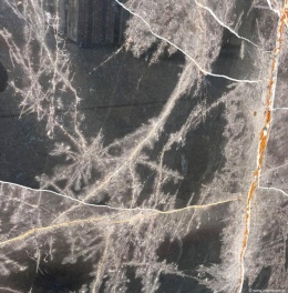 Zbliżenie marmuru Bronze Fantasy poler, ciemna powierzchnia z cienkimi złotymi żyłkami i rdzawym akcentem