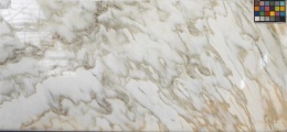 Płyta marmuru Calacatta Cremoso, białe tło z dynamicznymi kremowo-złotymi żyłkami, widok całej tafli