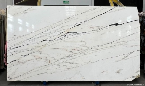 Płyta marmuru Calacatta Paonazzino, jasne tło z długimi ciemnymi i beżowymi żyłkami, widok całej tafli