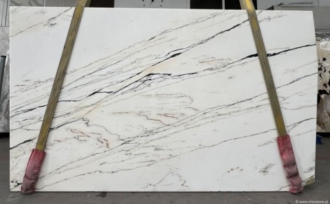 Płyta marmuru Calacatta Paonazzino na pasach, biała powierzchnia z diagonalnymi ciemnymi żyłkami