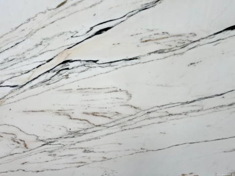 Zbliżenie marmuru Calacatta Paonazzino, smukłe ciemne żyły na białym tle z delikatnymi beżowymi smugami