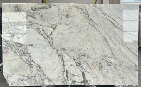 Płyta marmuru Calacatta Retro, jasne tło z dynamicznym szaro-zielonym użyleniem, widok całej tafli.