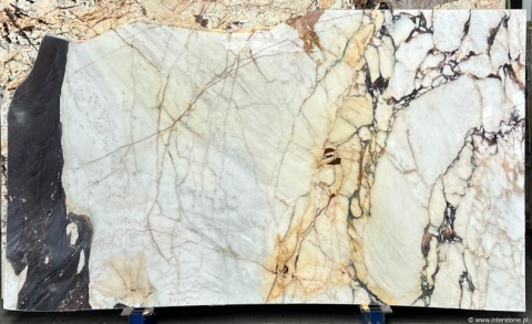 Płyta marmuru Calacatta Viola, jasne tło z intensywnymi złotymi i fioletowymi żyłami, widok całej tafli na stojaku