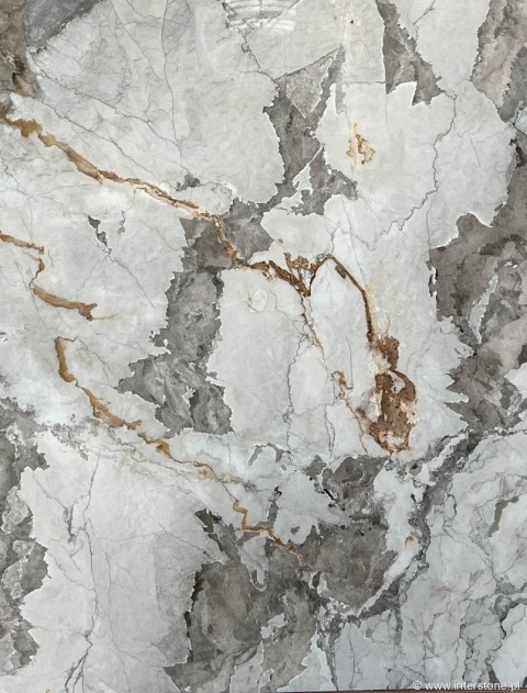 Zbliżenie marmuru Camouflage, jasnoszare i grafitowe plamy z nieregularnymi złotymi żyłami na polerowanej powierzchni