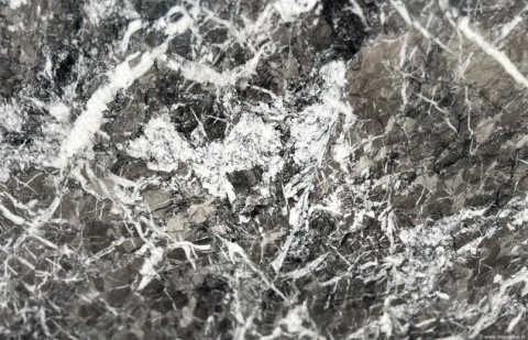 Zbliżenie marmuru Grigio Carnico, ciemnoszara struktura z nieregularnymi białymi żyłkami i krystalicznymi fragmentami.