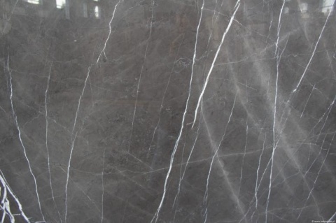 Zbliżenie marmuru Pietra Grey, jednolite szare tło z delikatną siatką jasnych, pionowych żył.