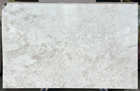 Płyta marmuru Rhino White, jasnobiałe tło z delikatnym, nieregularnym szaro-beżowym wzorem.