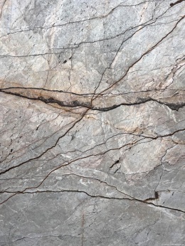 Zbliżenie Silver River szlif, szara powierzchnia z siecią cienkich, brązowych i grafitowych żył przebiegających ukośnie.