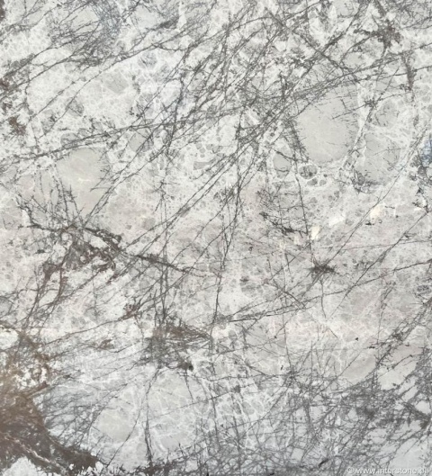 Zbliżenie struktury marmuru Spider White – drobna, jasna tekstura z intensywnymi, ciemnymi żyłkami jak pajęcza sieć.