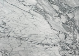 Zbliżenie powierzchni marmuru Statuarietto z gęstą siecią cienkich, szarych żył