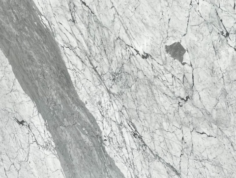 Detal marmuru Statuarietto – kontrastowa szeroka żyła na mlecznobiałym tle z drobnym użyleniem