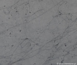 Zbliżenie struktury marmuru Statuario z cienkimi, szarymi żyłkami na jasnej powierzchni