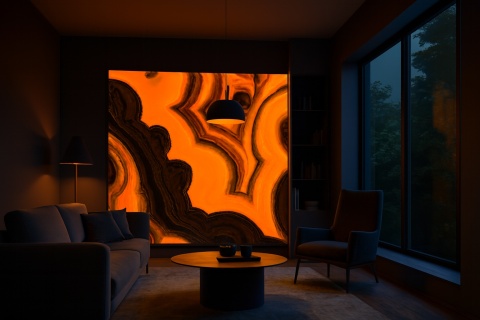 Podświetlana ściana z onyksu Arco Irys w nowoczesnym salonie, ciepłe bursztynowe barwy i falisty rysunek.