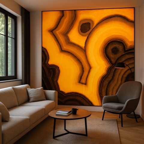 Ściana dekoracyjna z onyksu Arco Irys w jasnym salonie, widoczne łukowe pasma i półprzezroczysta struktura