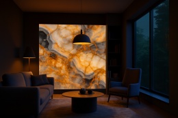 Salon z podświetloną płytą Avion BLUE, ciepłe LED-y podkreślają żyłki i głębię kamienia.