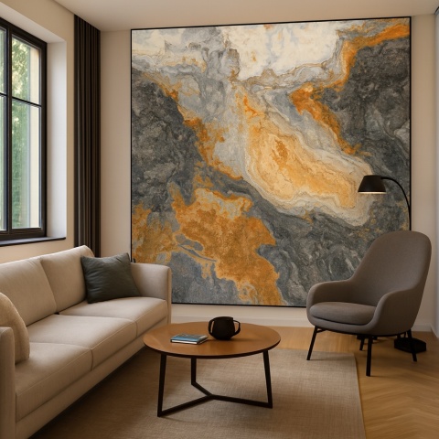 Onyks Avion Blue slab o niebiesko-grafitowej kolorystyce z ciepłymi złotymi i brązowymi akcentami.