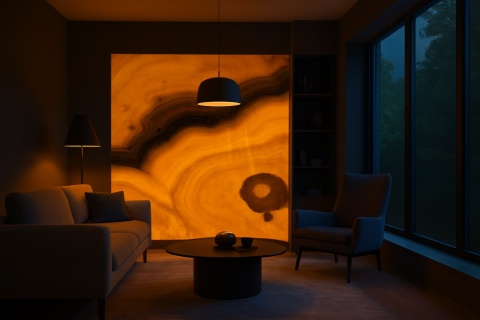 Salon zimą z płytą Avorio, jasna sofa, pled, rośliny i śnieżny widok za oknem — styl cozy.