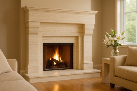 Elegancki salon z kominkiem z trawertynu classico, jasne drewno, beżowe ściany, naturalne światło i kwiaty.