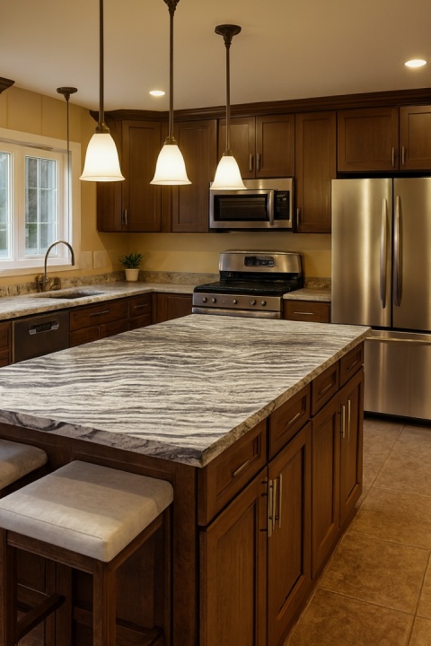 Travertyn White Titanium z białoszarymi żyłkami jako blat i panel w eleganckiej, nowoczesnej łazience.