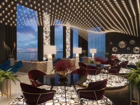 Wnętrze restauracji z podświetlaną agata Black, polerowany kamień szlachetny jako dekoracyjna ściana i podłoga