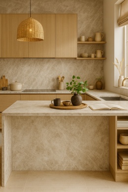 Nowoczesna kuchnia z jasnym marmurem, naturalnym drewnem i przytulnymi dodatkami w zamieszkanym stylu.