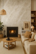 Nowoczesny salon z kominkiem, spiek wielkoformatowy w ciepłym brązie, przytulne dodatki i zamieszkany charakter.
