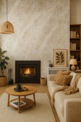 Nowoczesny salon z kominkiem, spiek wielkoformatowy w ciepłym brązie, przytulne dodatki i zamieszkany charakter.