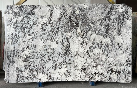 Duża płyta granitu Orion White, biało-szary wzór z gęstymi, ciemnymi żyłami, ujęcie na wprost