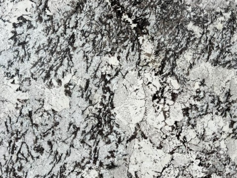 Zbliżenie struktury granitu Orion White, kontrastowy biało-szary rysunek z ciemnymi żyłkami