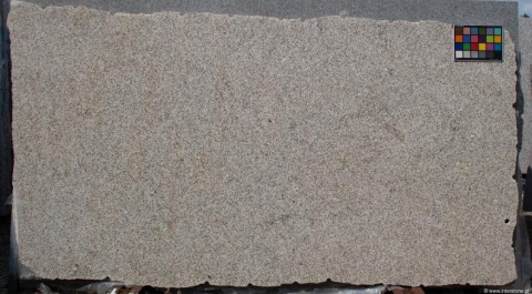 Płyta granitu Silvestre Gold poler z próbnikiem – beżowo-szare, równomierne użylenie.