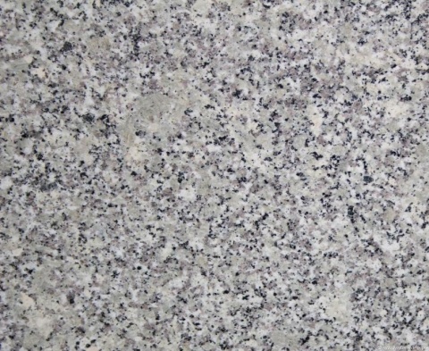 Zbliżenie granitu Strzegom poler – jasna, drobnoziarnista struktura z czarnymi i szarymi punktami.